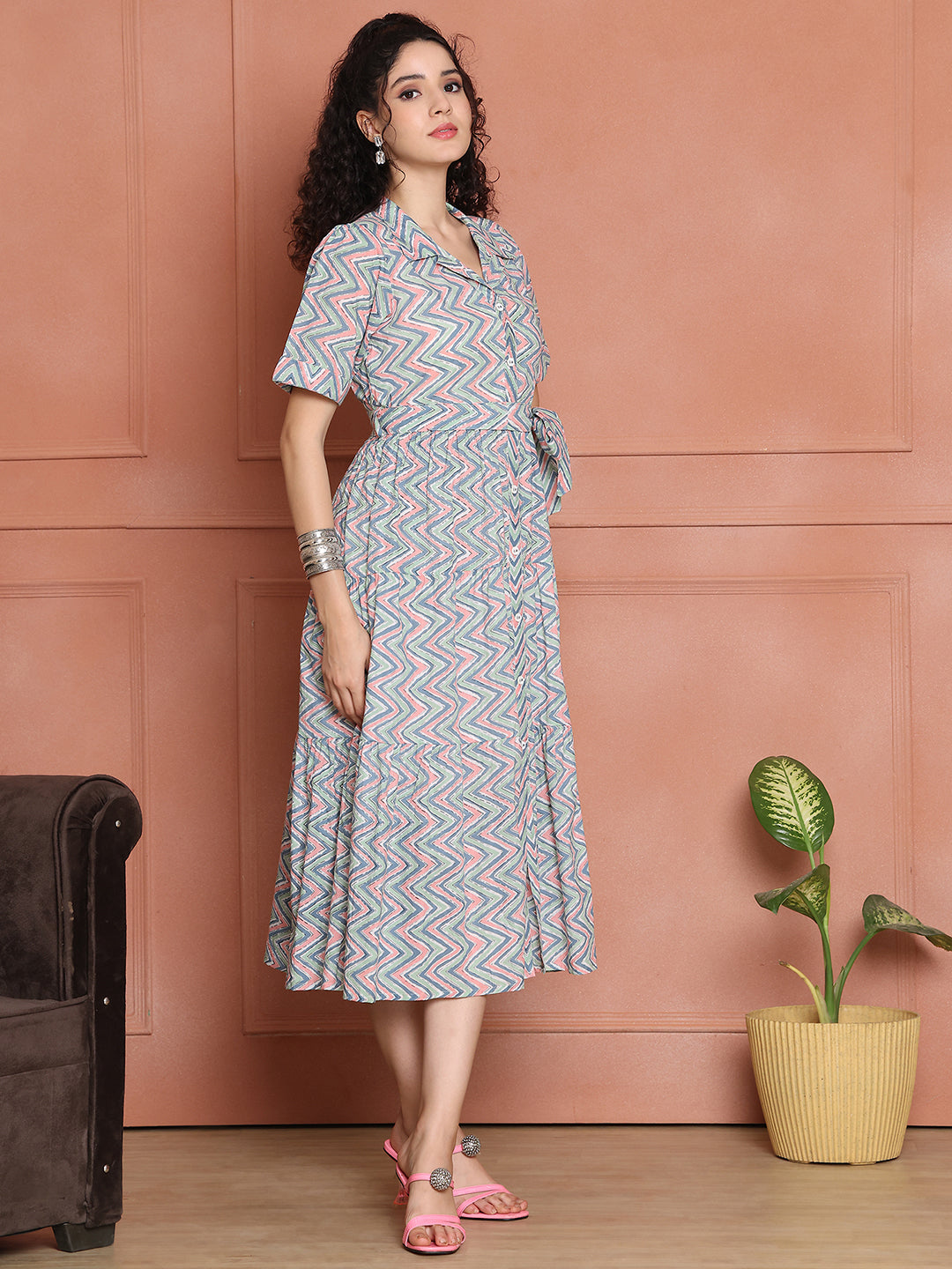 Aawari Cotton Printed Shirt Collar Dress