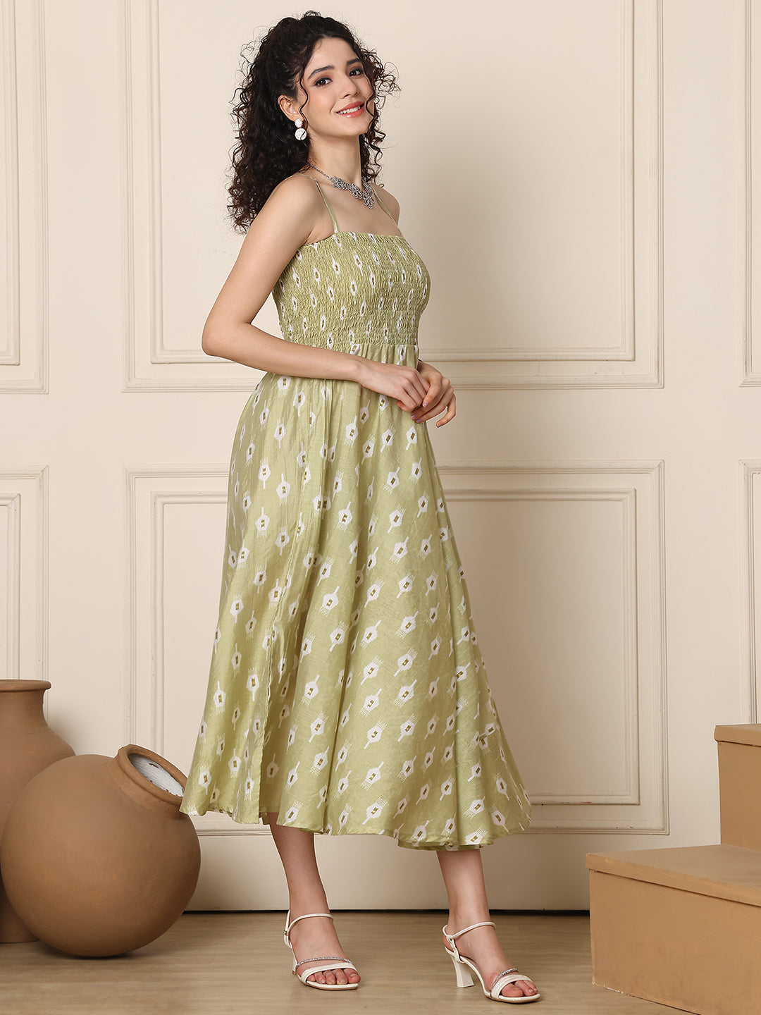 Aawari Silk Unique Printed Spaghetti Strap Dress - Western wear