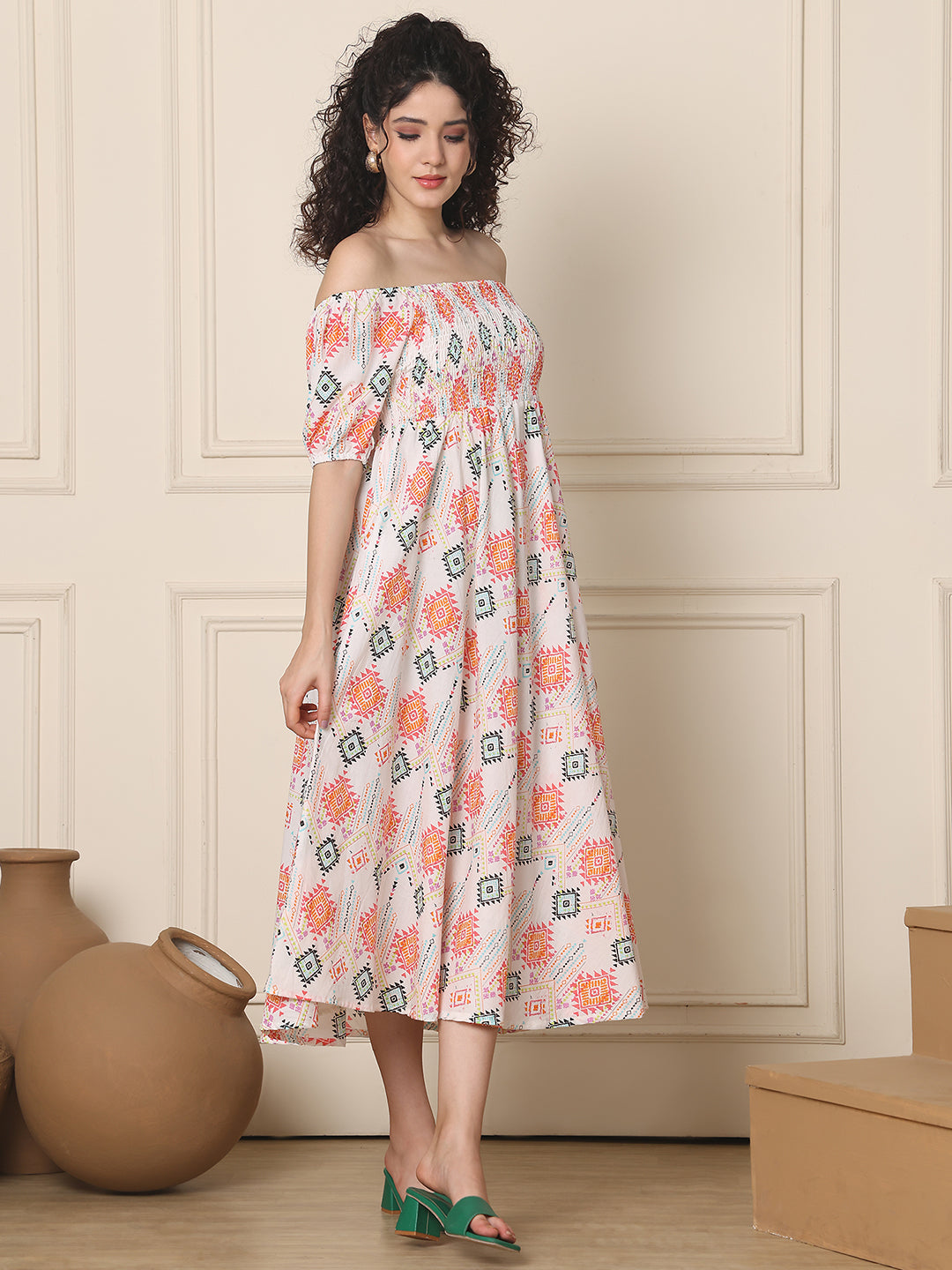 Aawari Unique Cotton Printed Off Shoulder Dress