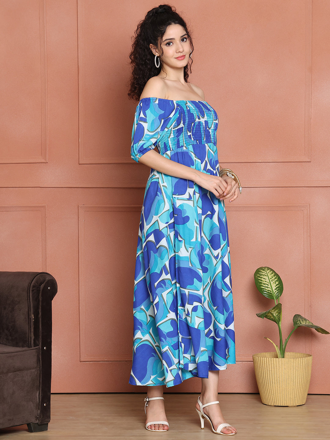 Aawari Ocean Blue Rayon Printed Off Shoulder Dresses