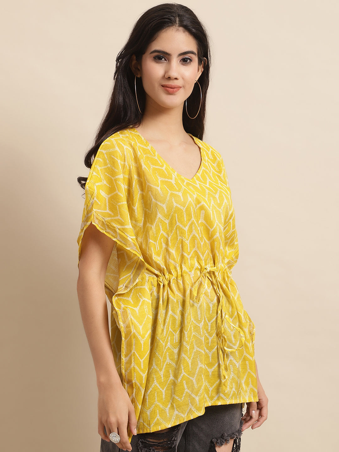 Chanderi Yellow Geometric Printed Kaftan Top With Bell Sleeve 