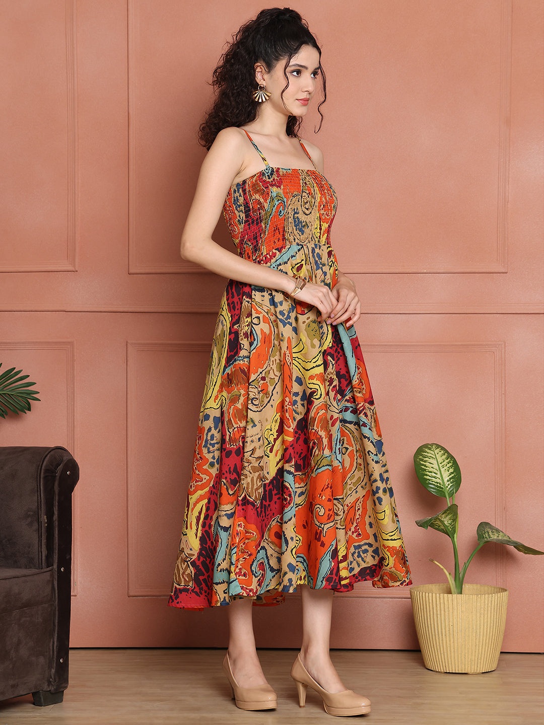 Aawari Cotton Unique Printed Spaghetti Strap Dress - Western wear