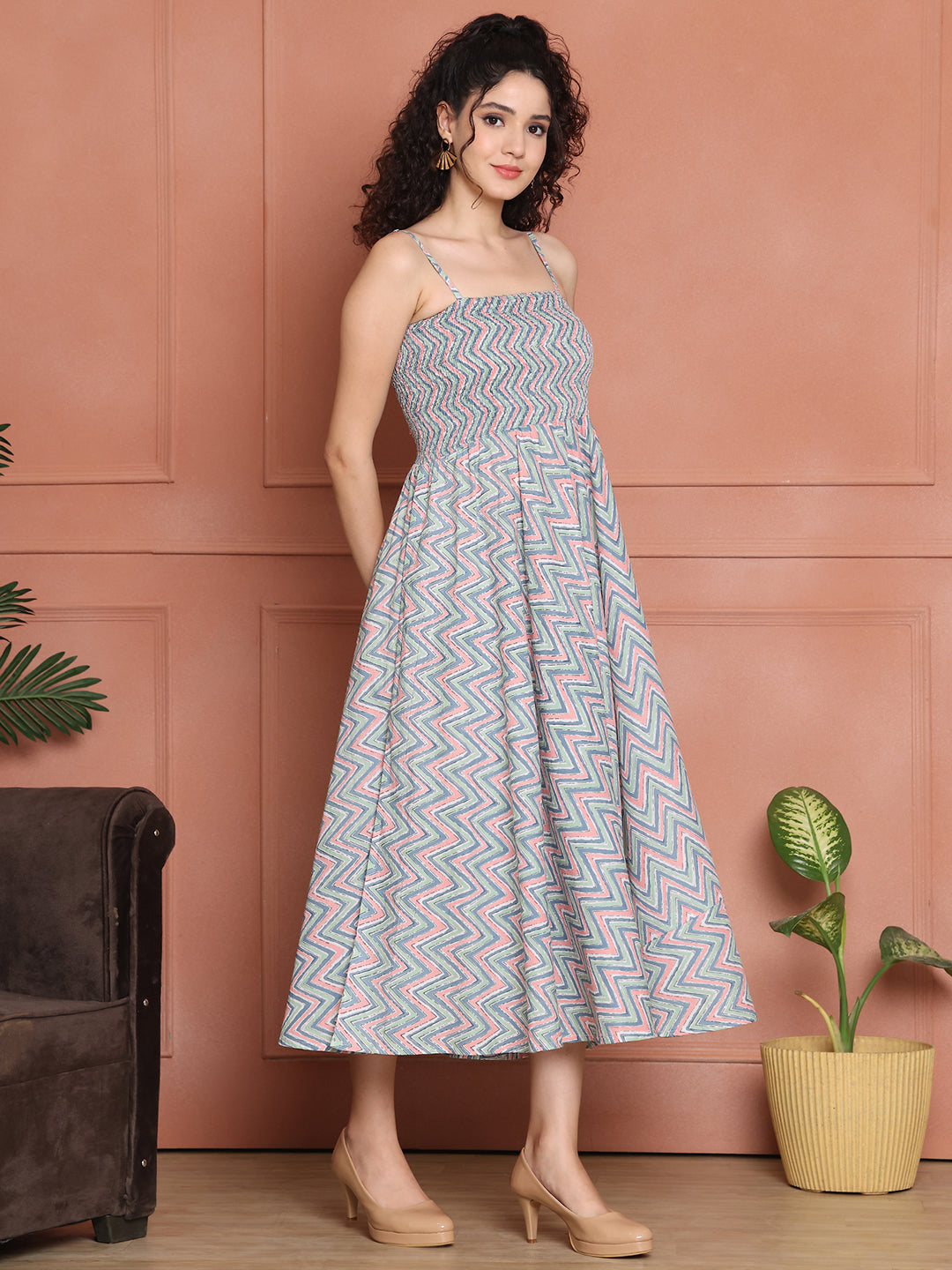 Aawari Cotton Unique Printed Spaghetti Strap Dress - Western Wear