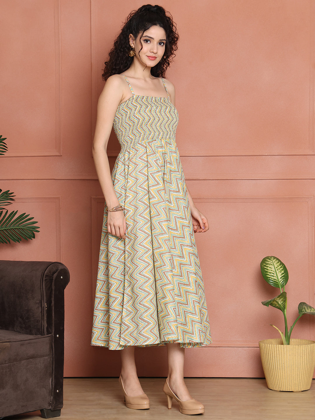 Aawari Cotton Unique Printed Spaghetti Strap Dress - Western Wear