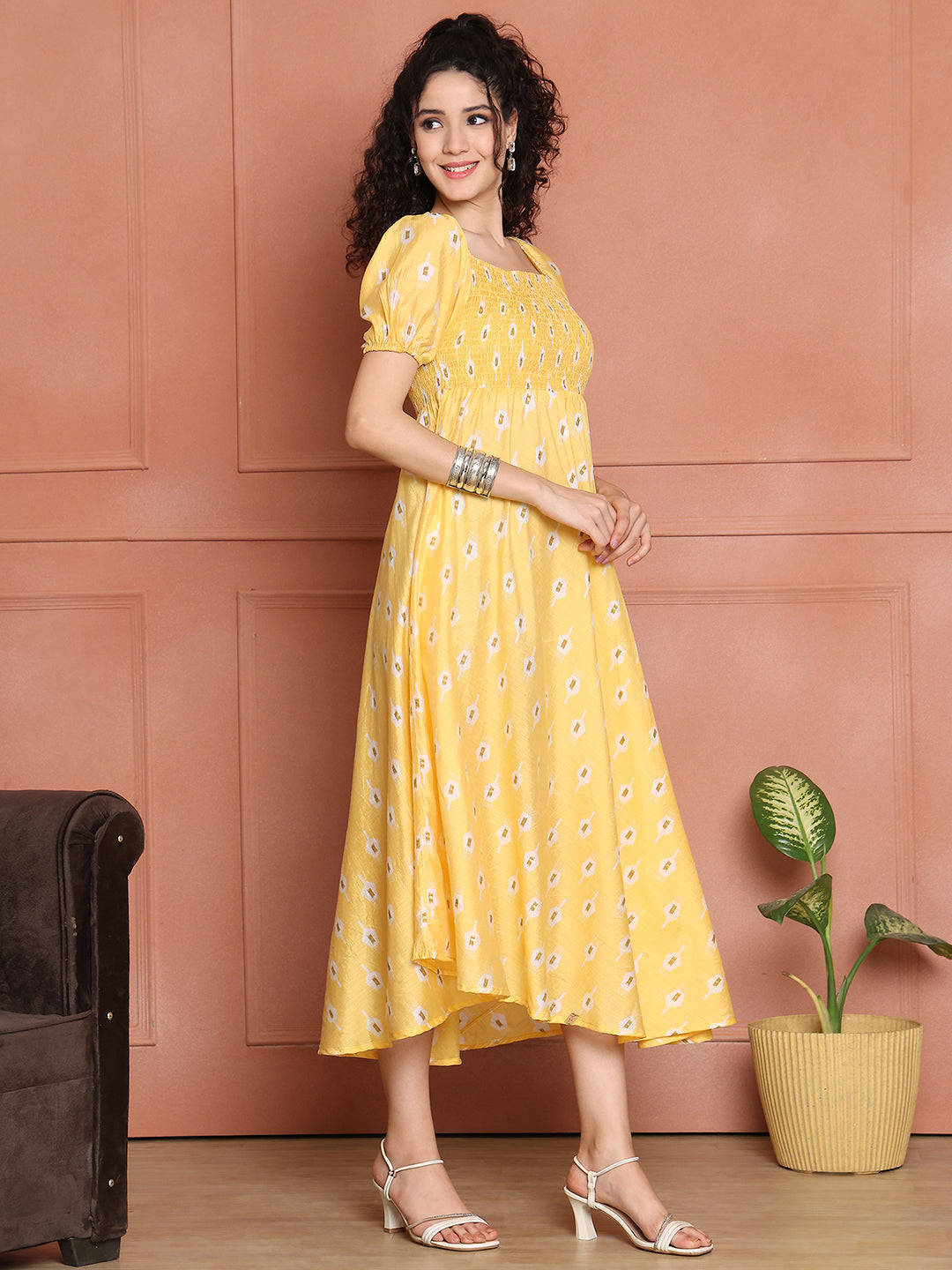 Aawari Chanderi Unique Printed Off Shoulder Dress