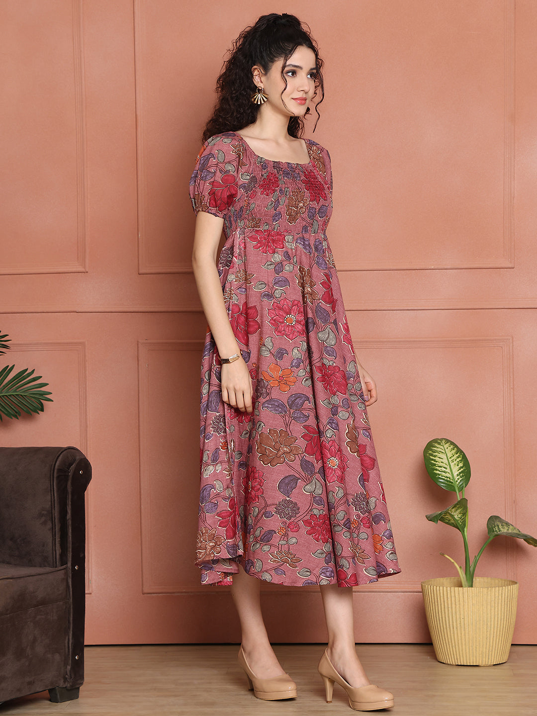 Aawari Unique Cotton Printed Off Shoulder Dress