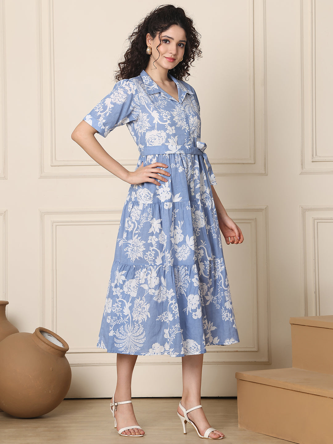 Aawari Cotton Printed Shirt Collar Dress