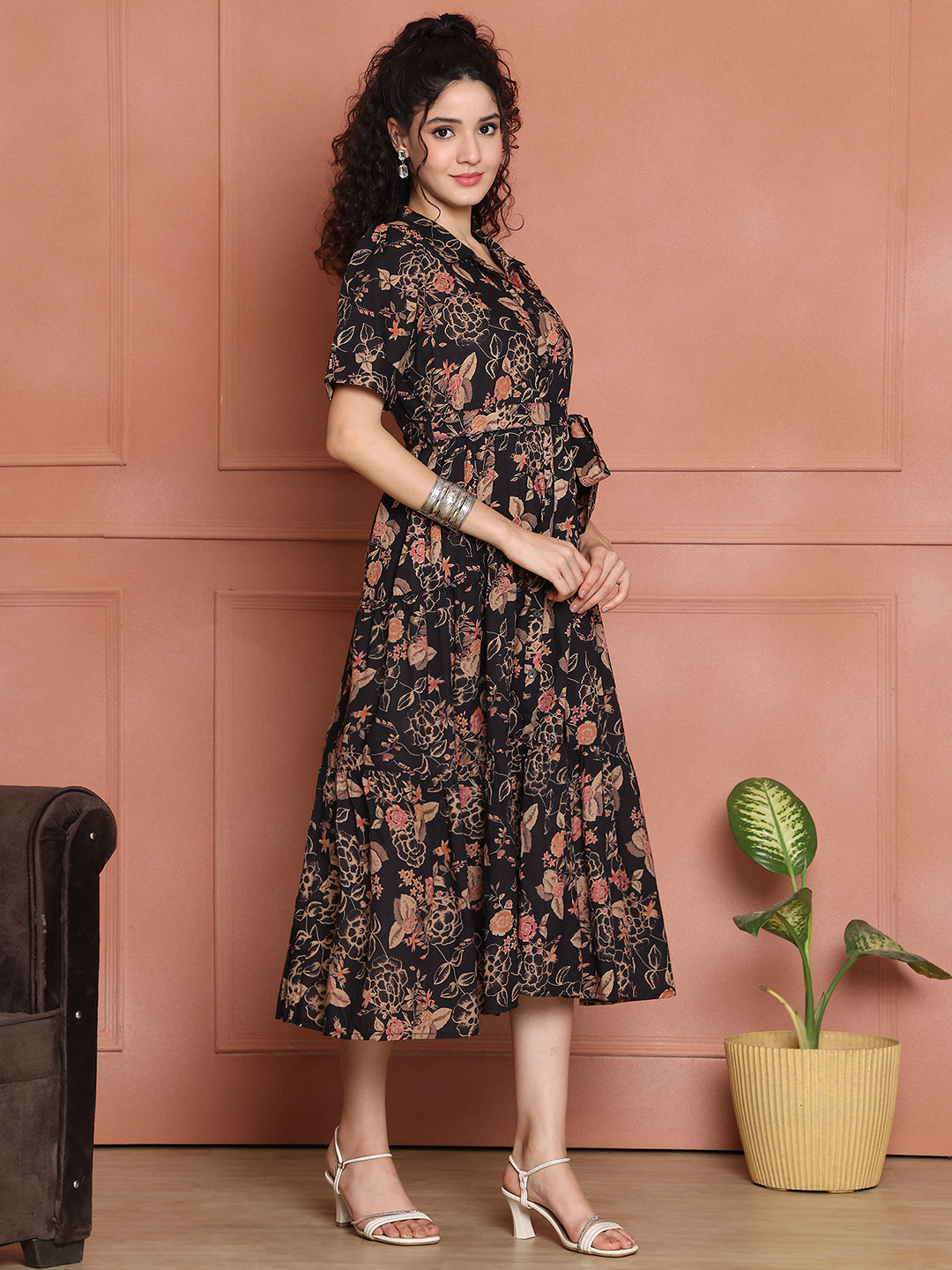 Aawari Black Floral Print Shirt Dresses With Waist Tie-Up