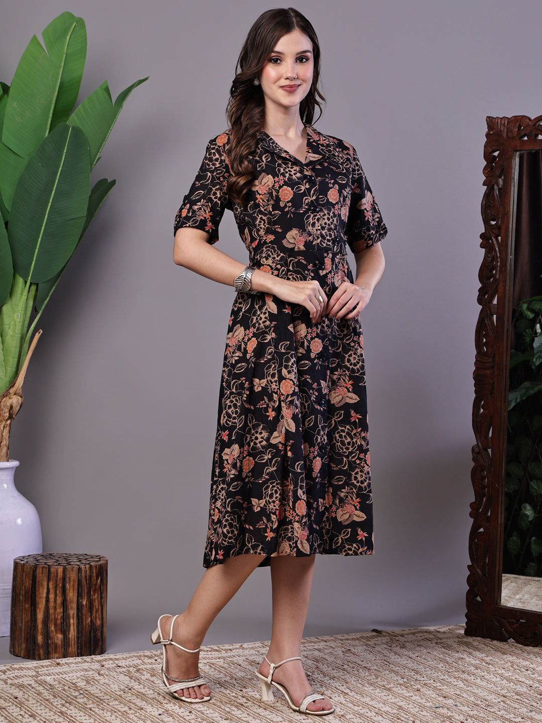 Aawari Chic Black & Rust Floral Print Button-Front Midi Dress - Midi Dresses / Western Wear / Dresses