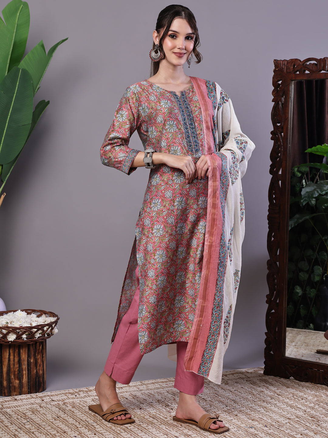 Aawari Rust Pink Chanderi Printed Kurta Set with Dupatta - Suit Sets