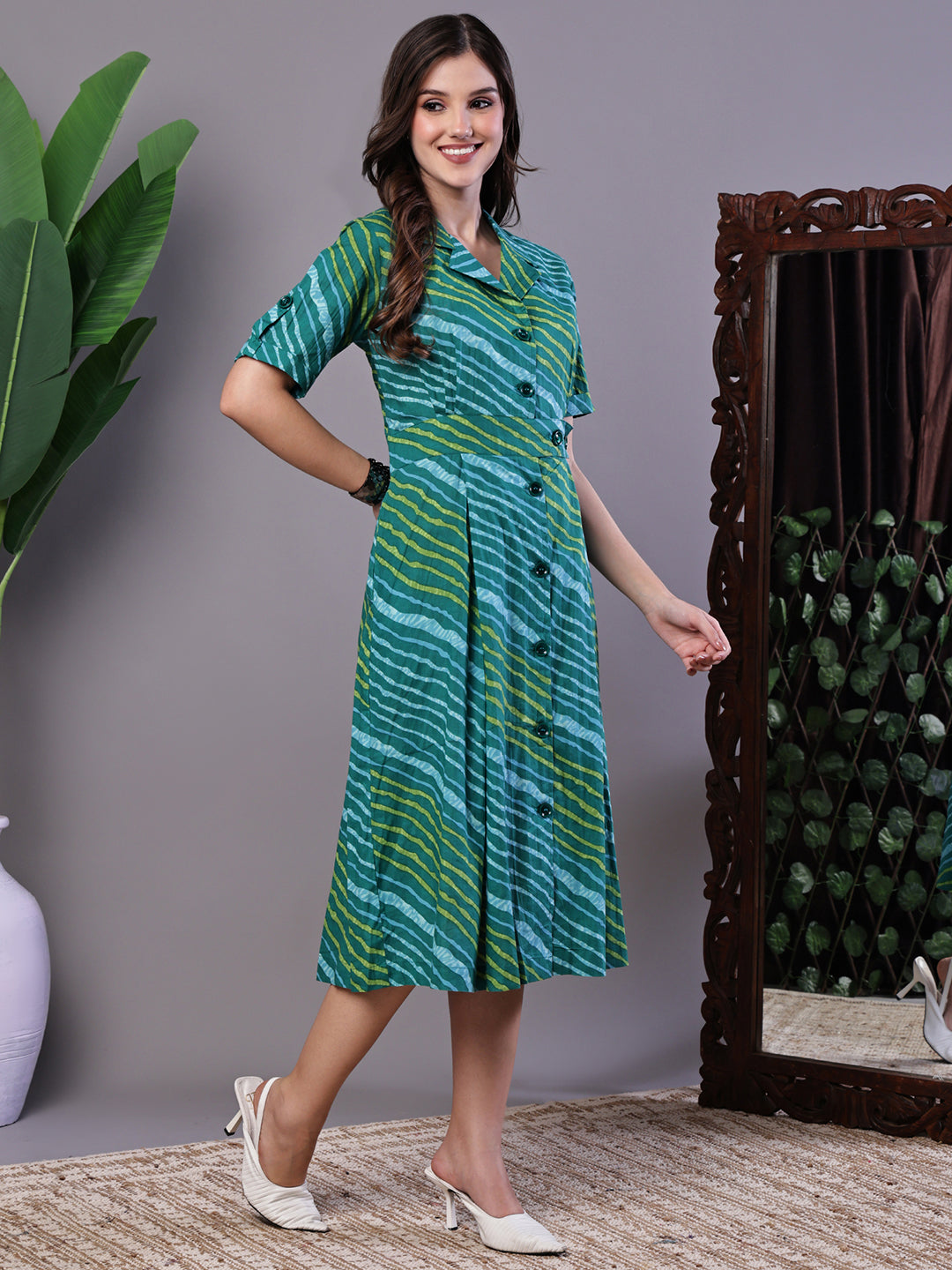 Aawari Teal Green Striped Cotton Midi Shirt Dress - Midi Dresses / Western Wear / Dresses