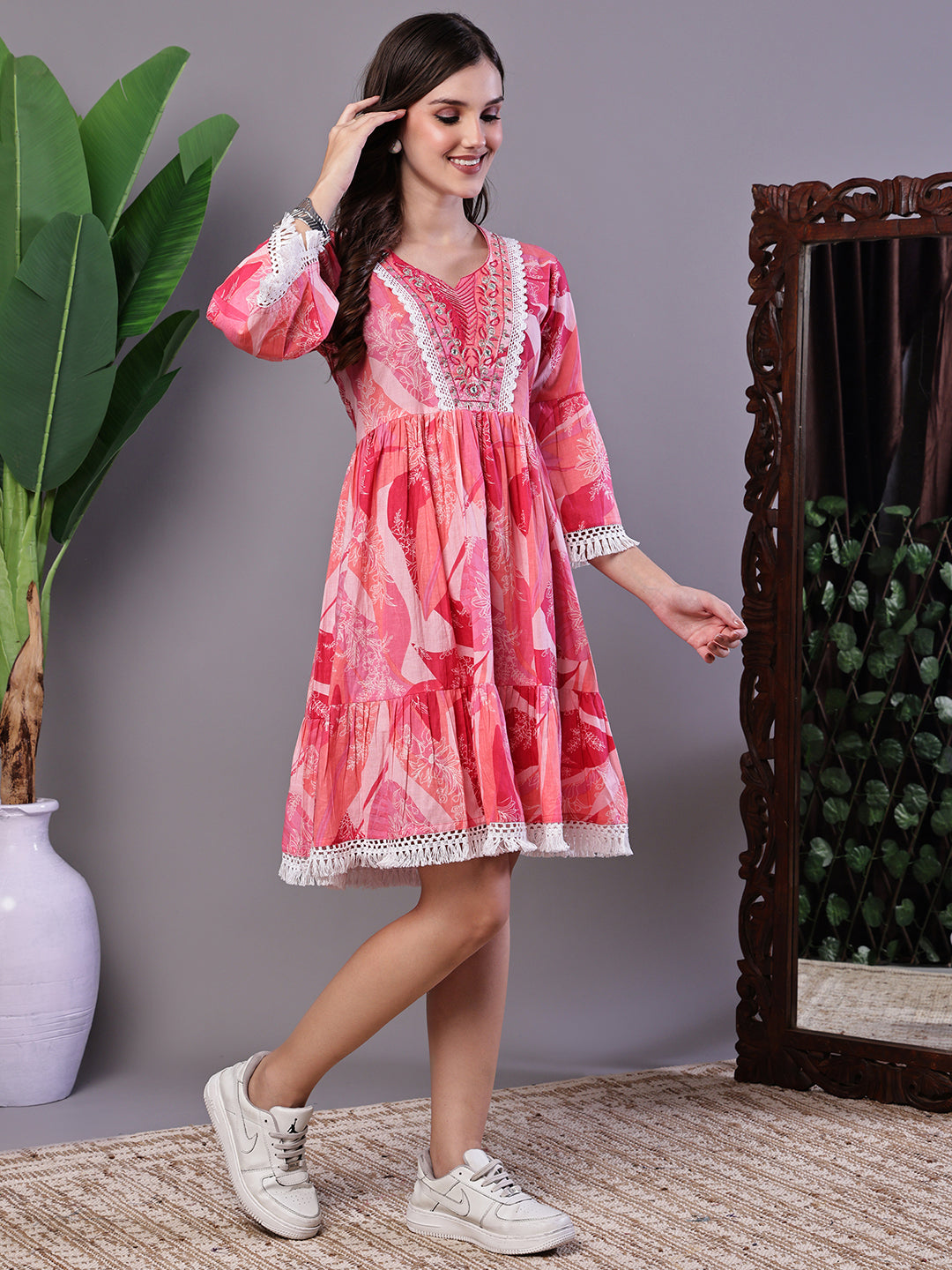Aawari Pink Bohemian 100% Cotton Fit & Flare Dress with Lace Detailing - Midi Dresses / Western Wear