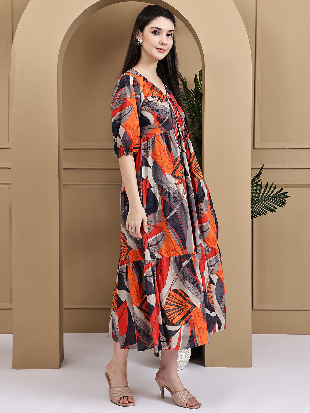 Aawari Women Cotton Printed Knot Dresses With Puff Sleeves
