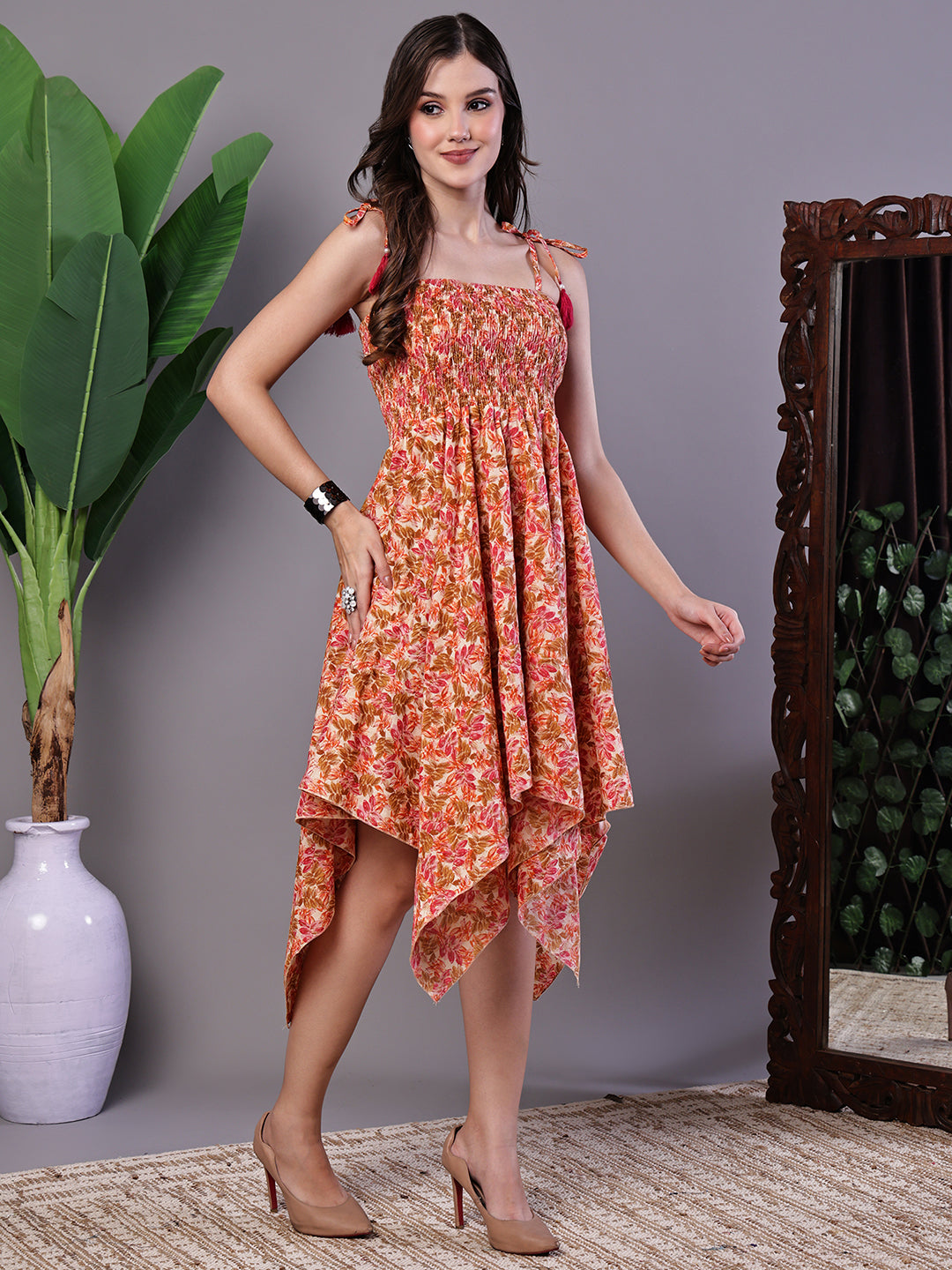 Aawari Peach Floral Handkerchief Hem Cotton Dress - Midi Dresses / Western Wear