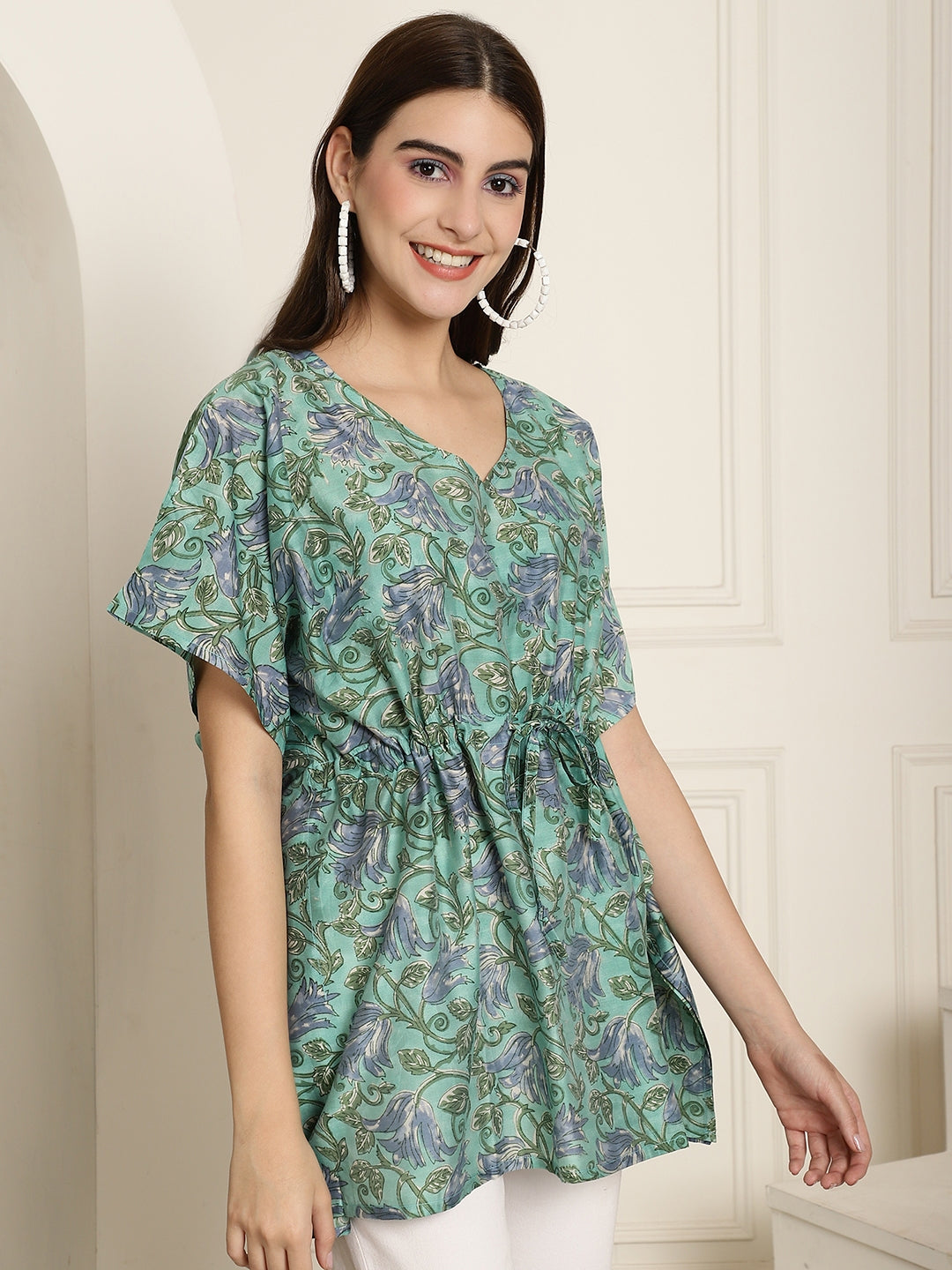 Muslin Green Floral Printed Kaftan Top With Bell Sleeve 