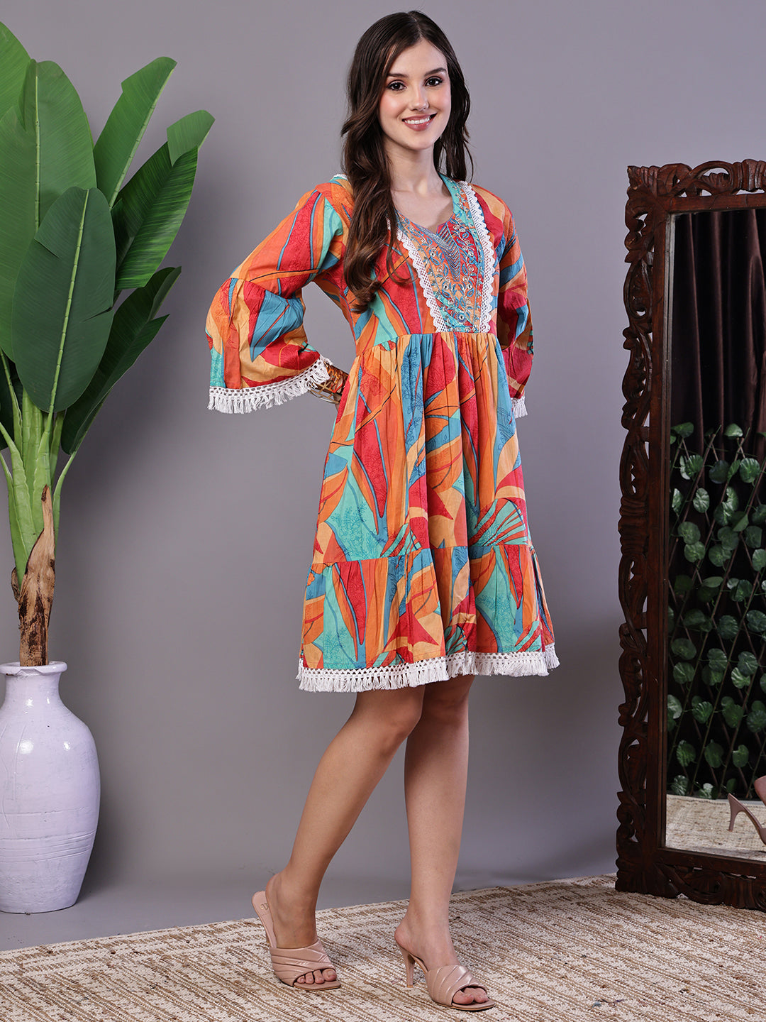Aawari Vibrant Print Cotton Tunic Dress with Crochet Lace & Three-Quarter Sleeves - Midi Dresses / Western Wear