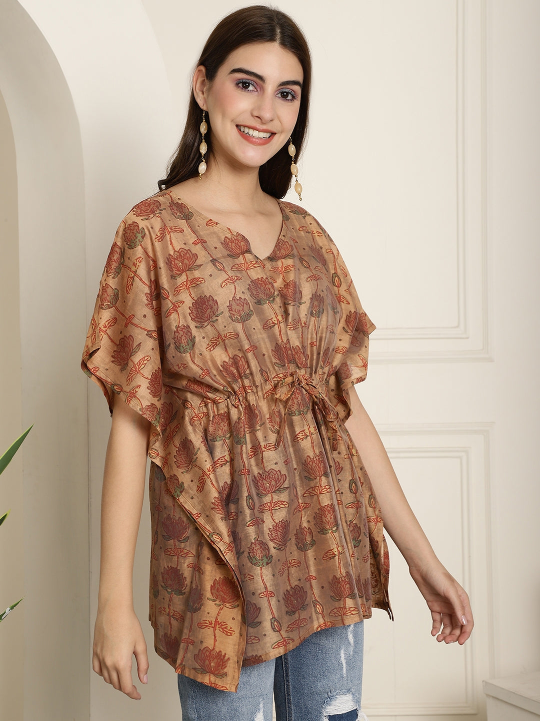 Chanderi Brown Flower Printed Kaftan Top With Bell Sleeve 