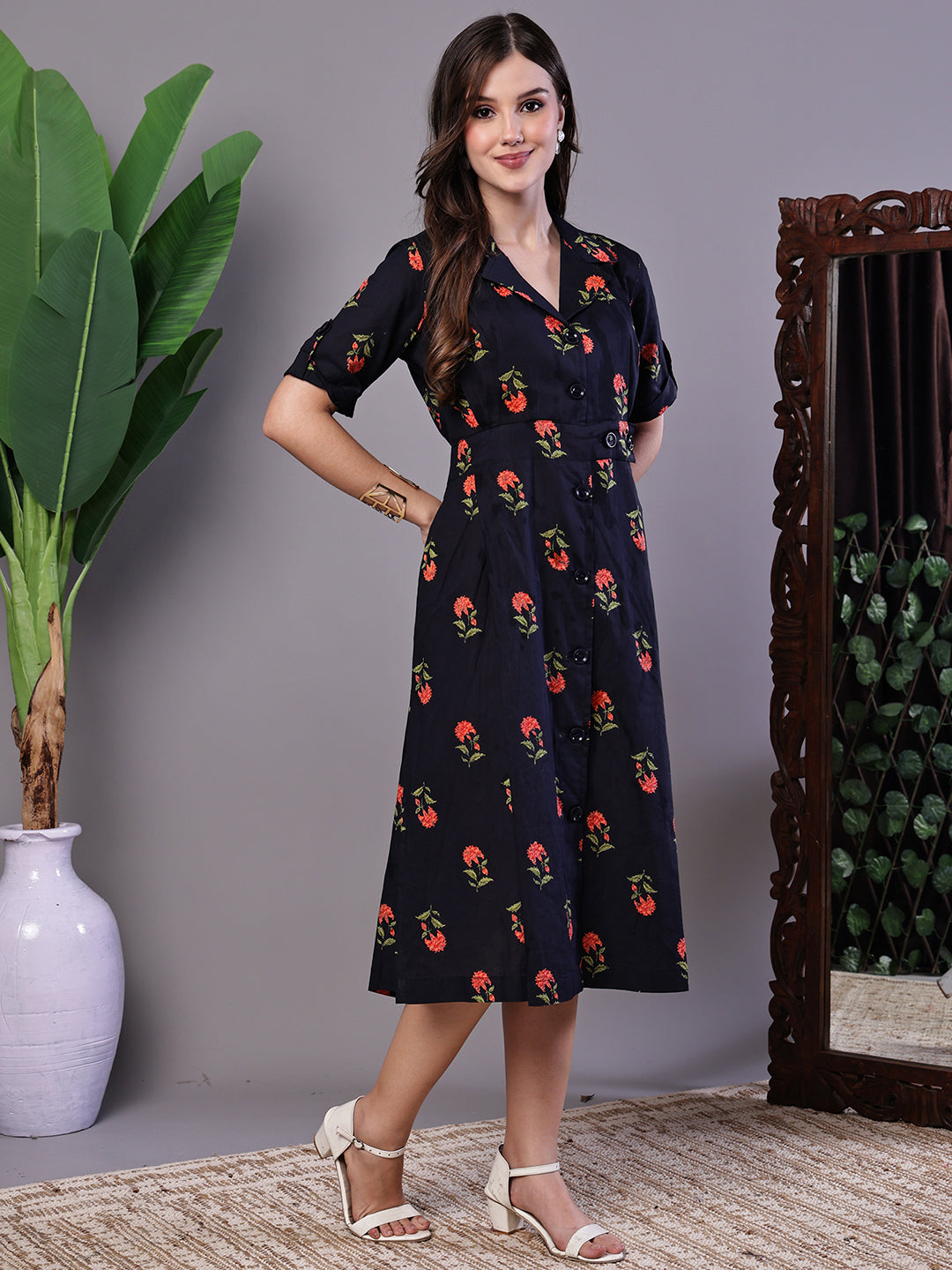Aawari Elegant Indigo & Orange Floral Block Print Cotton Shirt Dress - Midi Dresses /  Western Wear / Dresses
