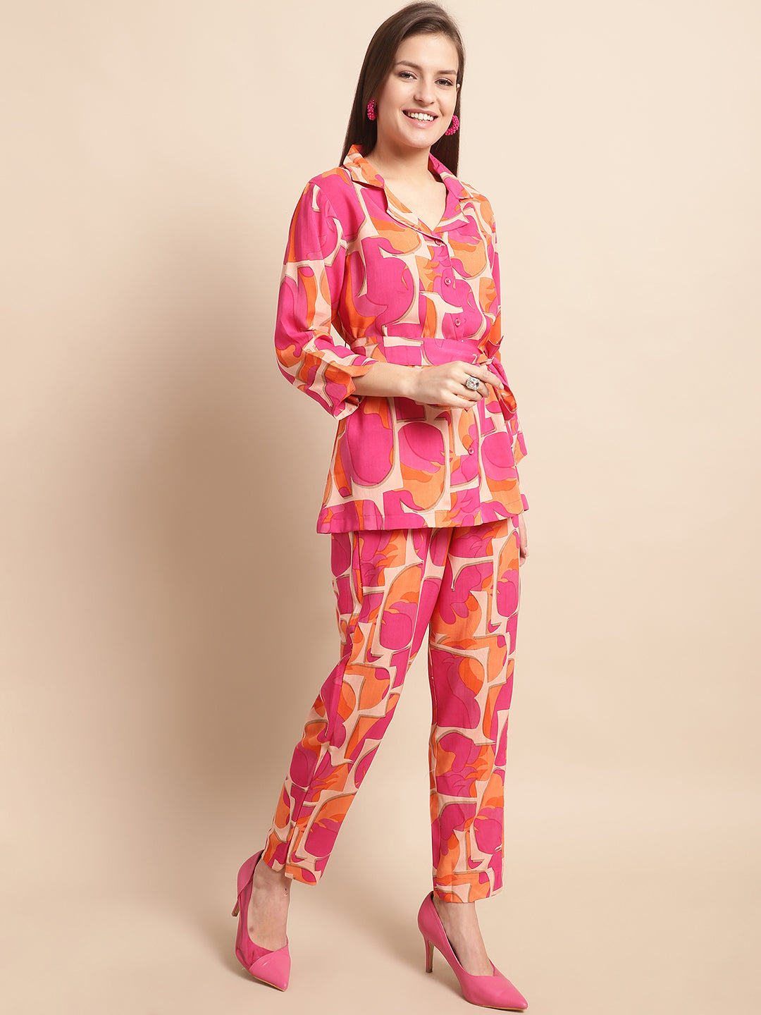 Aawari Women's Printed Co-ord Set in Pink & Orange - Rayon Casual Wear