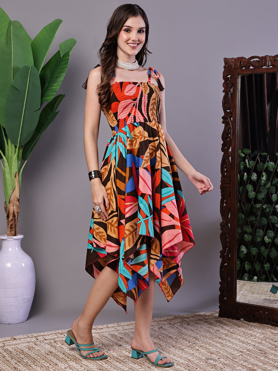 Aawari Bold Multicolor Junglee Print Handkerchief Hem Cotton Dress - Midi Dresses / Western Wear