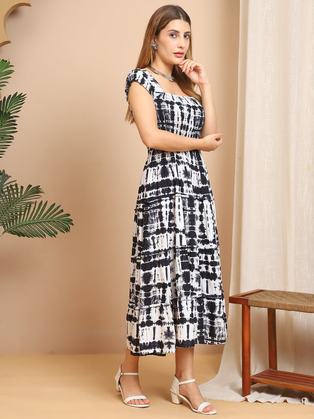 Aawari Elegant Rayon Smocked Midi Dresses - Monochrome Tie-Dye