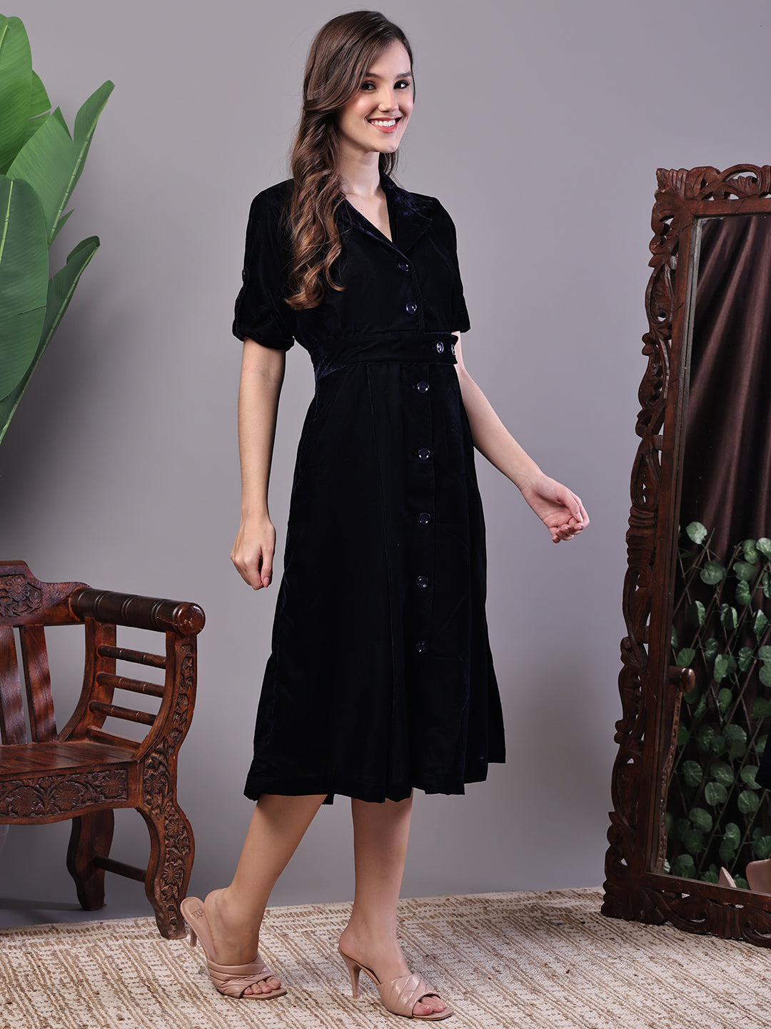 Aawari Black Velvet Button-down Midi Dress for Women - Midi Dresses / Western Wear / Dresses