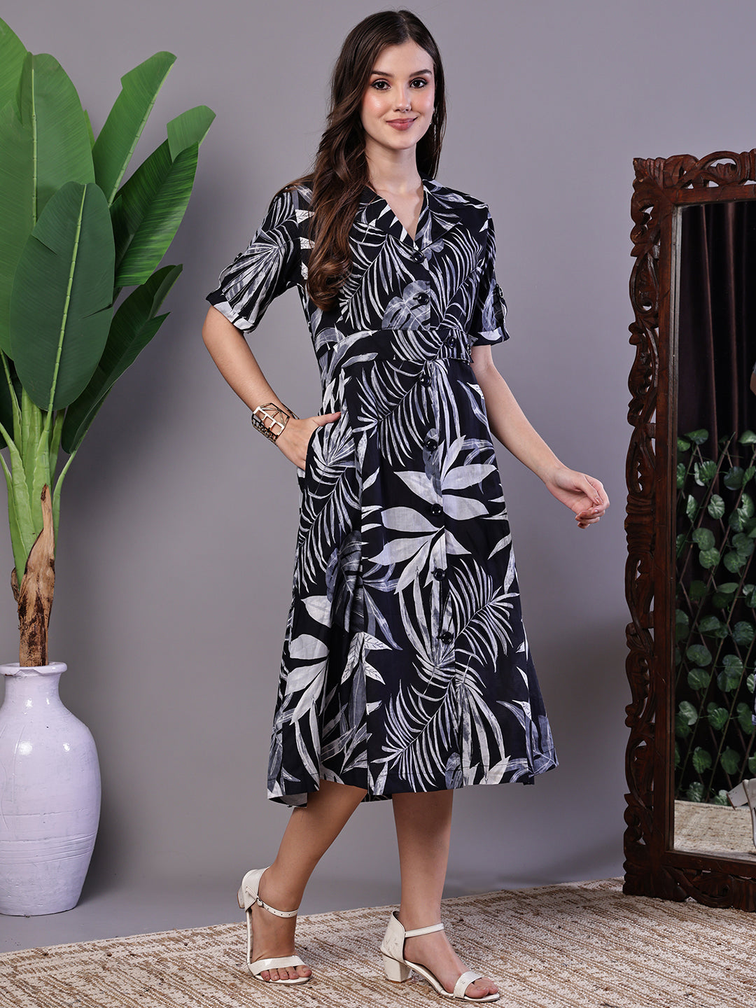 Aawari Tropical Palm Print Black & White Cotton Shirt Dress - Midi Dresses / Western Wear / Dresses