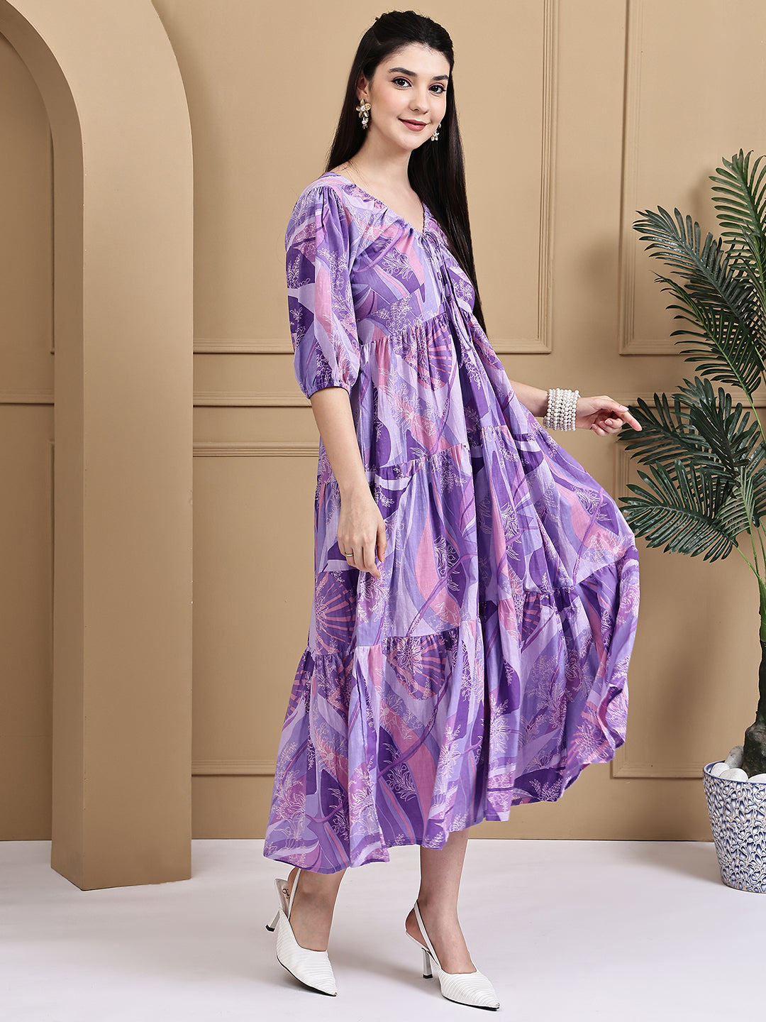 Aawari Cotton Purple Printed Knot Dresses With Puff Sleeves