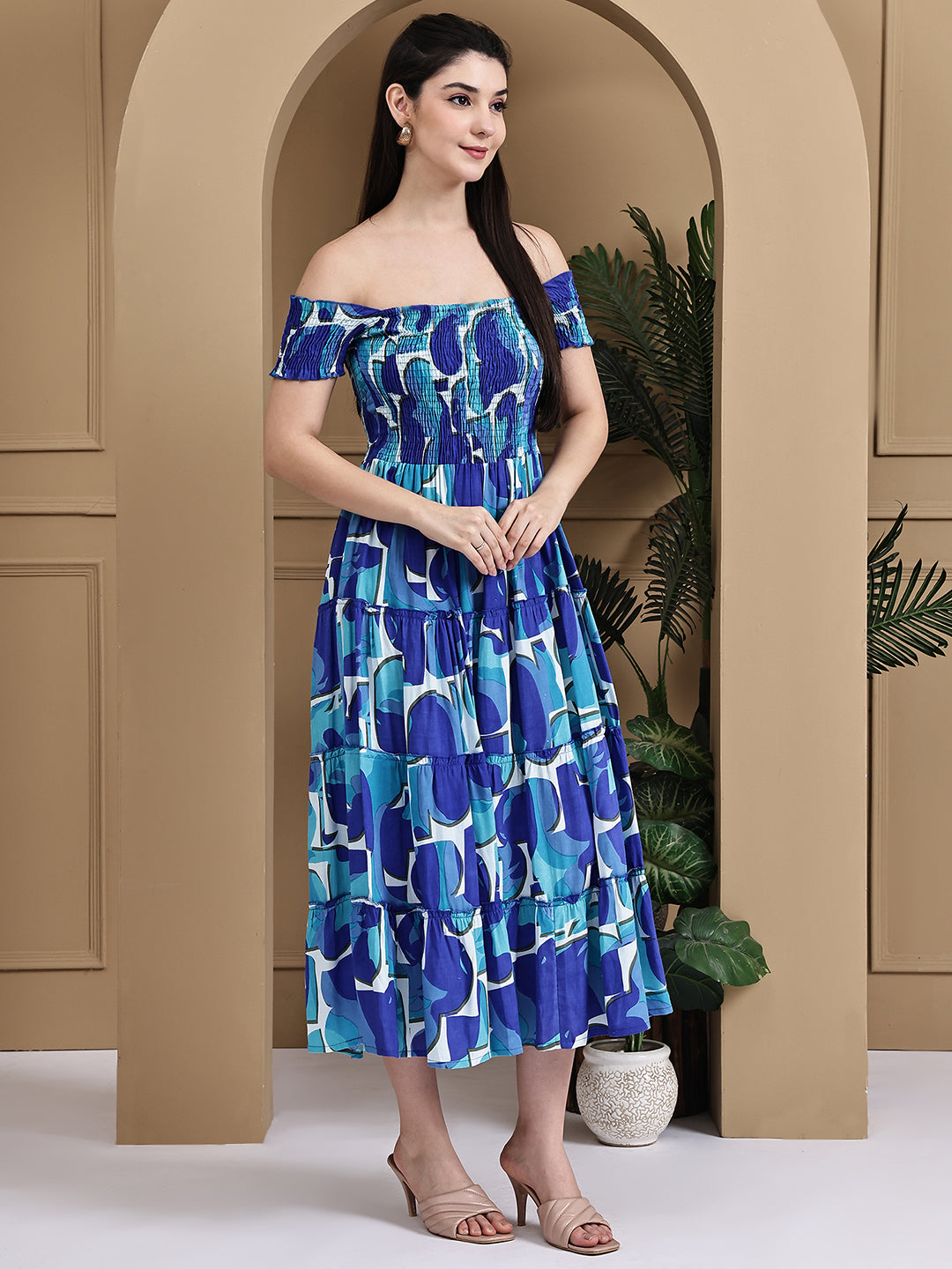 Aawari Rayon Bubbly Blue Printed Off Shoulder Dresses