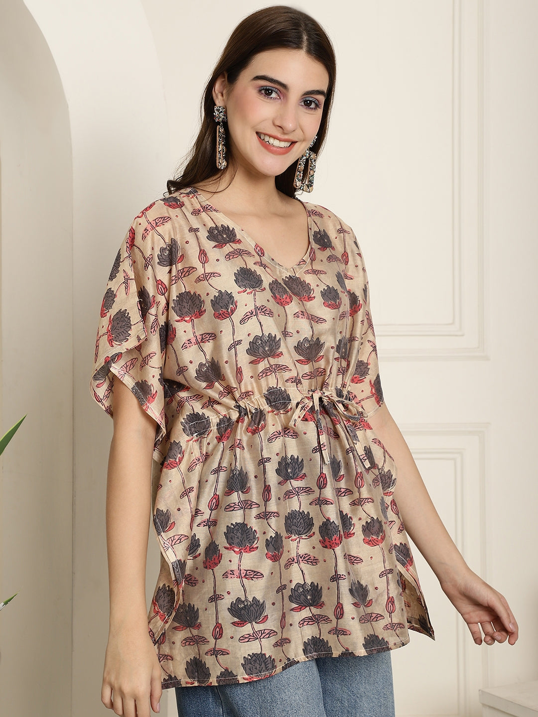 Chanderi Brown Flower Printed Kaftan Top With Bell Sleeve 