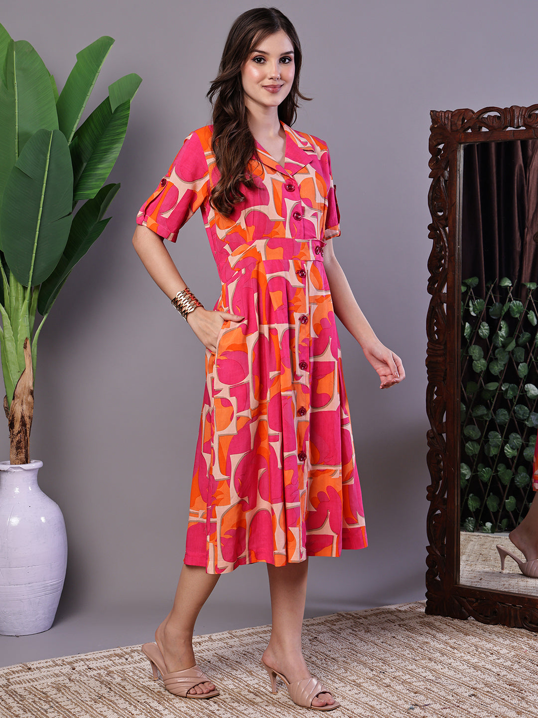 Aawari Pink & Orange Abstract Print Cotton Shirt Dress - Midi Dresses / Western Wear / Dresses