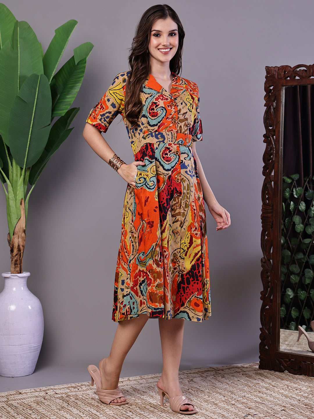 Aawari Bohemian Chic Multi-Color Paisley Print Cotton Collared Midi Dress  - Midi Dresses / Western Wear / Dresses