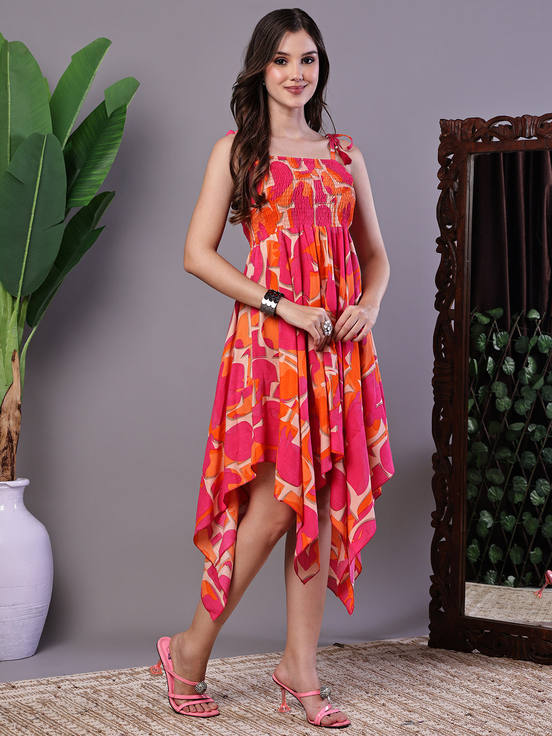 Aawari Orange & Pink Printed Cotton Handkerchief Hem Dress  - Midi Dresses / Western Wear