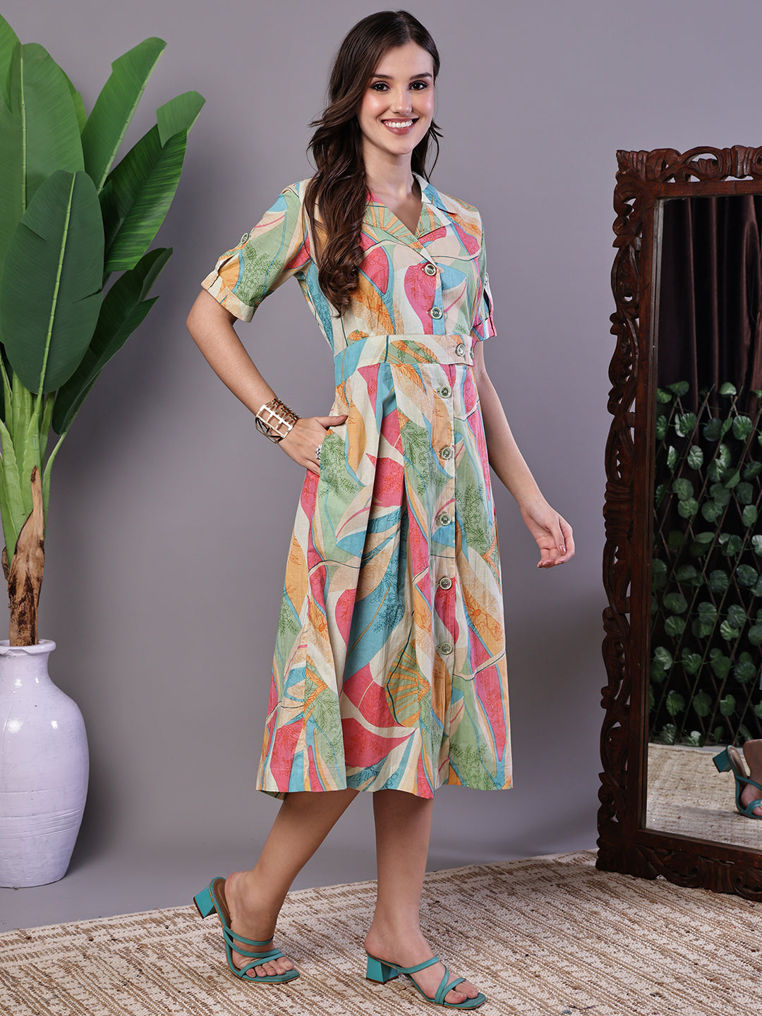 Aawari Pastel Abstract Print Button-Down Cotton Midi Dress - Midi Dresses / Western Wear / Dresses