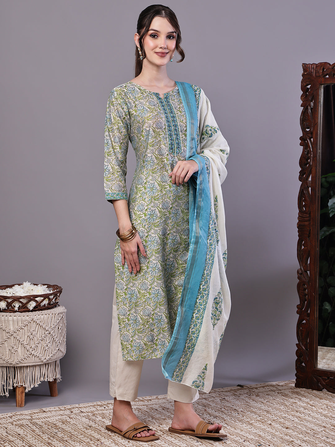Aawari Green & Blue Floral Chanderi Printed Kurta Set with Dupatta - Suit Sets