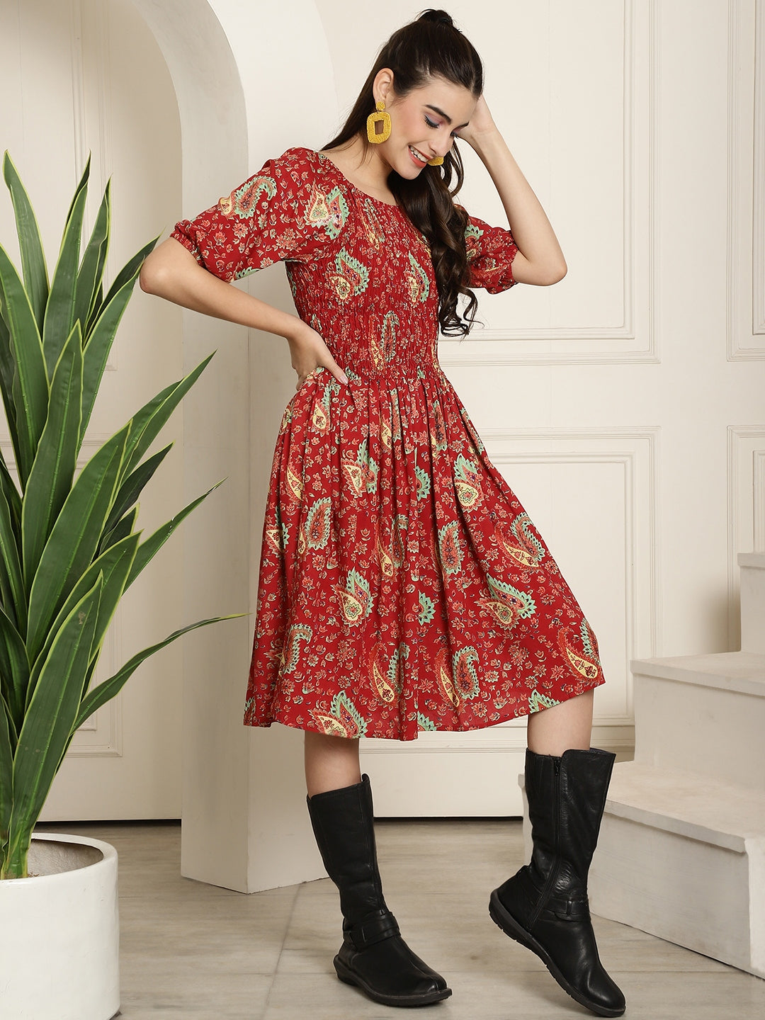 Aawari Red Leaf Printed A-Line Midi Dress With Extended Sleeves