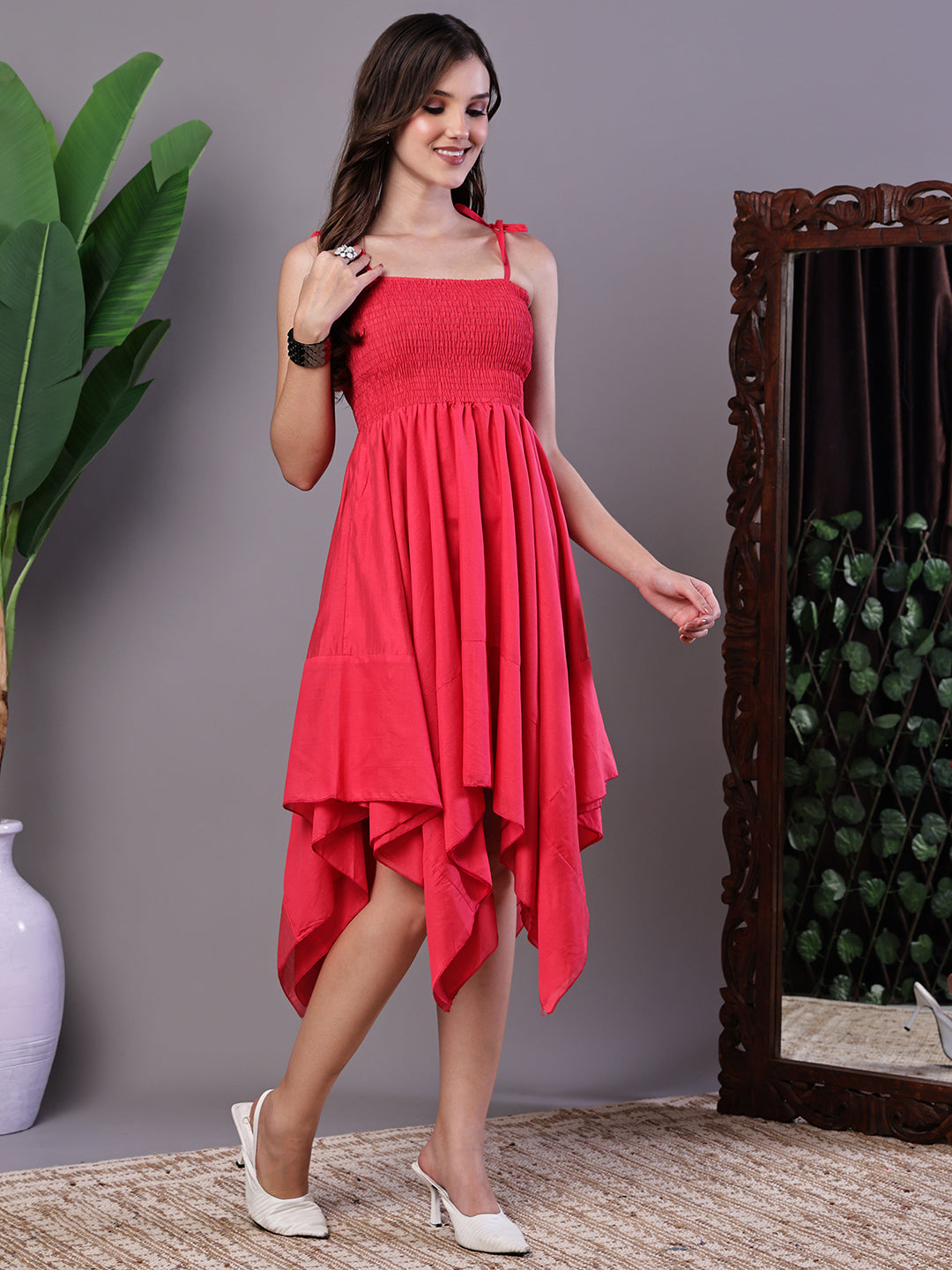 Aawari Solid Red Cotton Handkerchief Hem Midi Dress - Midi Dresses / Western Wear