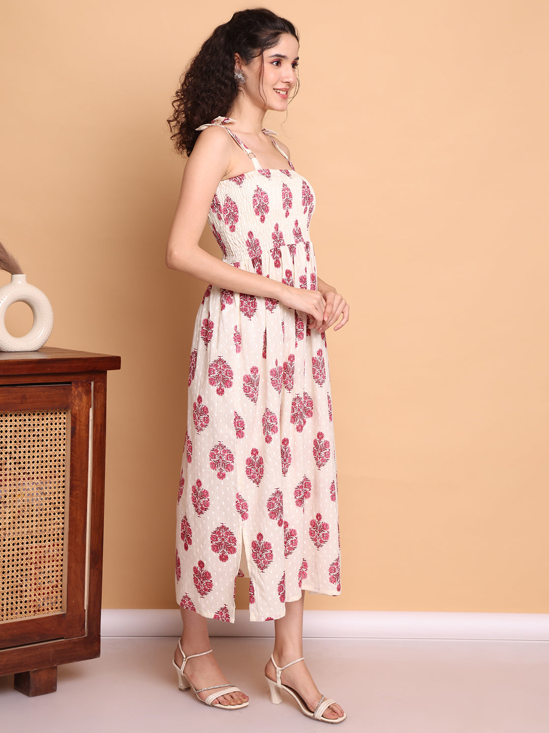 Aawari Elegant Cream & Pink Floral Printed Cotton Bobbin Gown with Tie-Up Straps for Women - Western wear