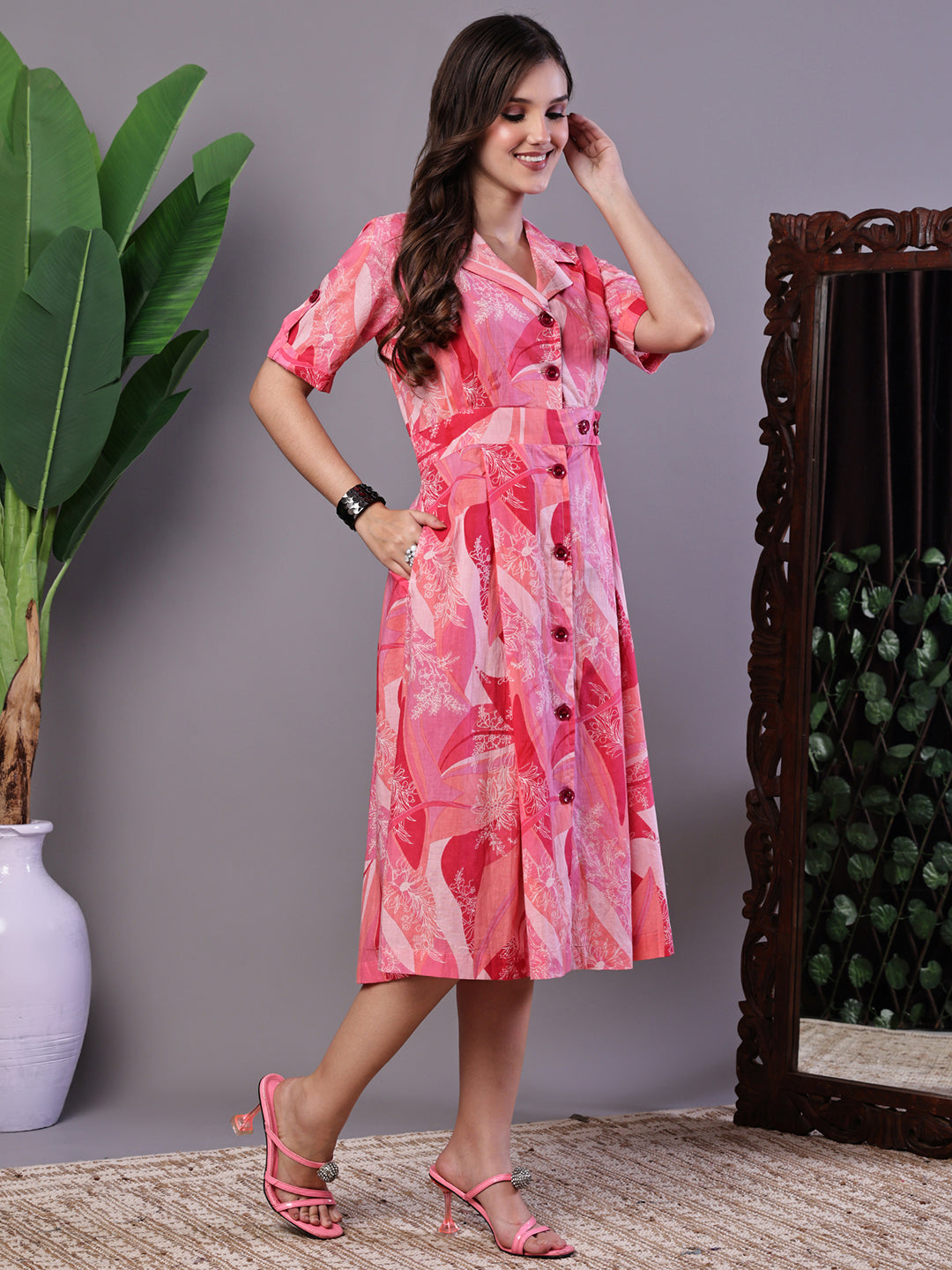 Aawari Pink Printed Cotton Midi Shirt Dress - Midi Dresses / Western Wear / Dresses