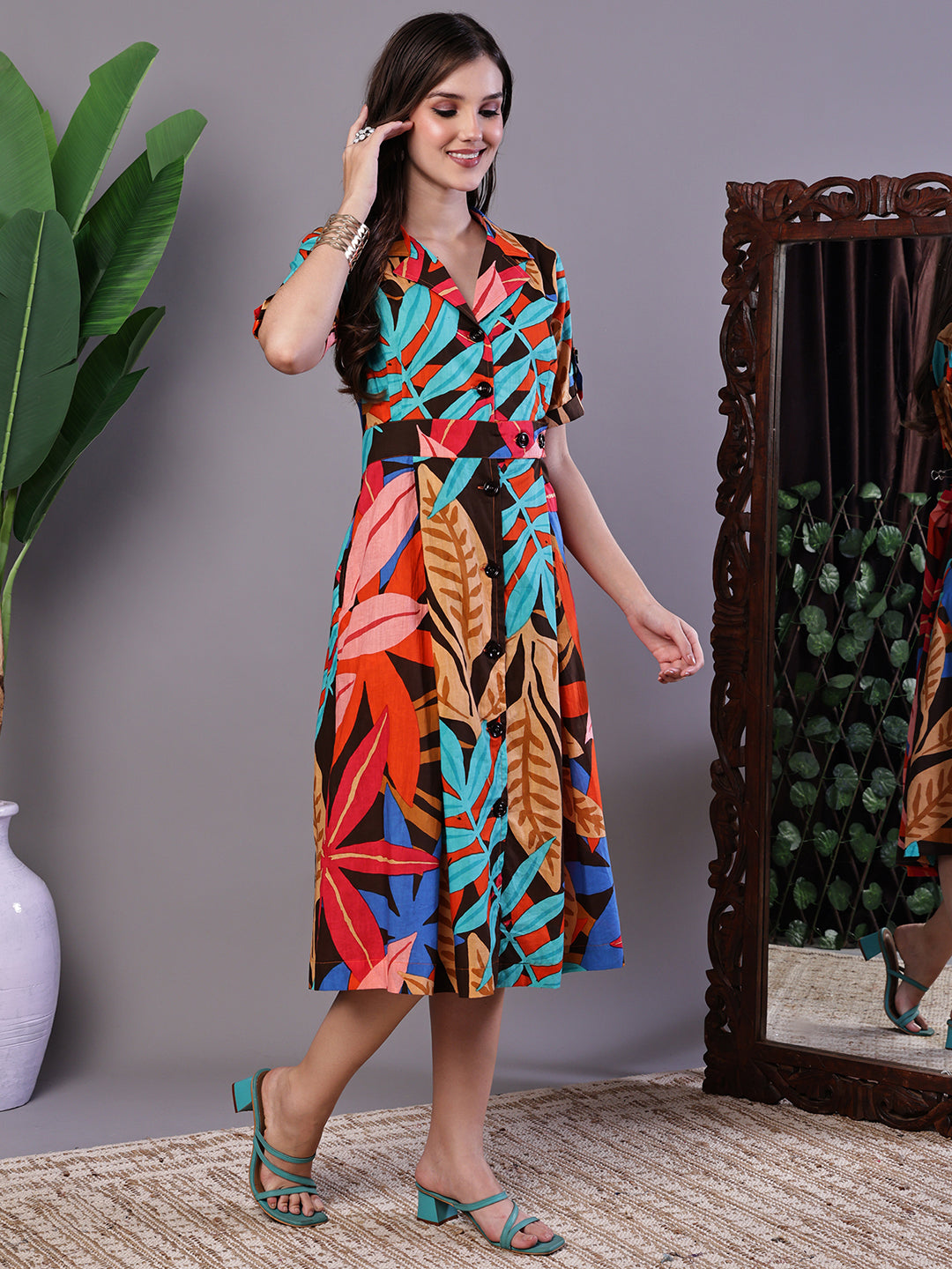 Aawari Leaf Print Button-Down Cotton Midi Dress - Midi Dresses / Western Wear / Dresses