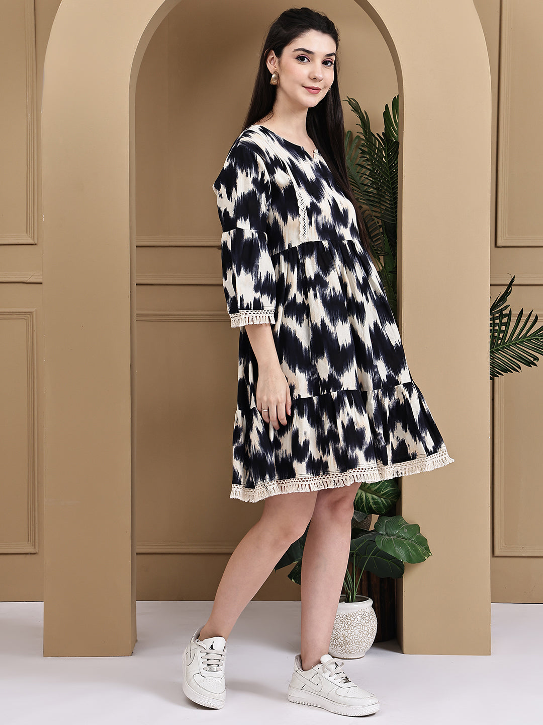 Aawari Cotton Printed  Black & White Short Dress - Midi Dress
