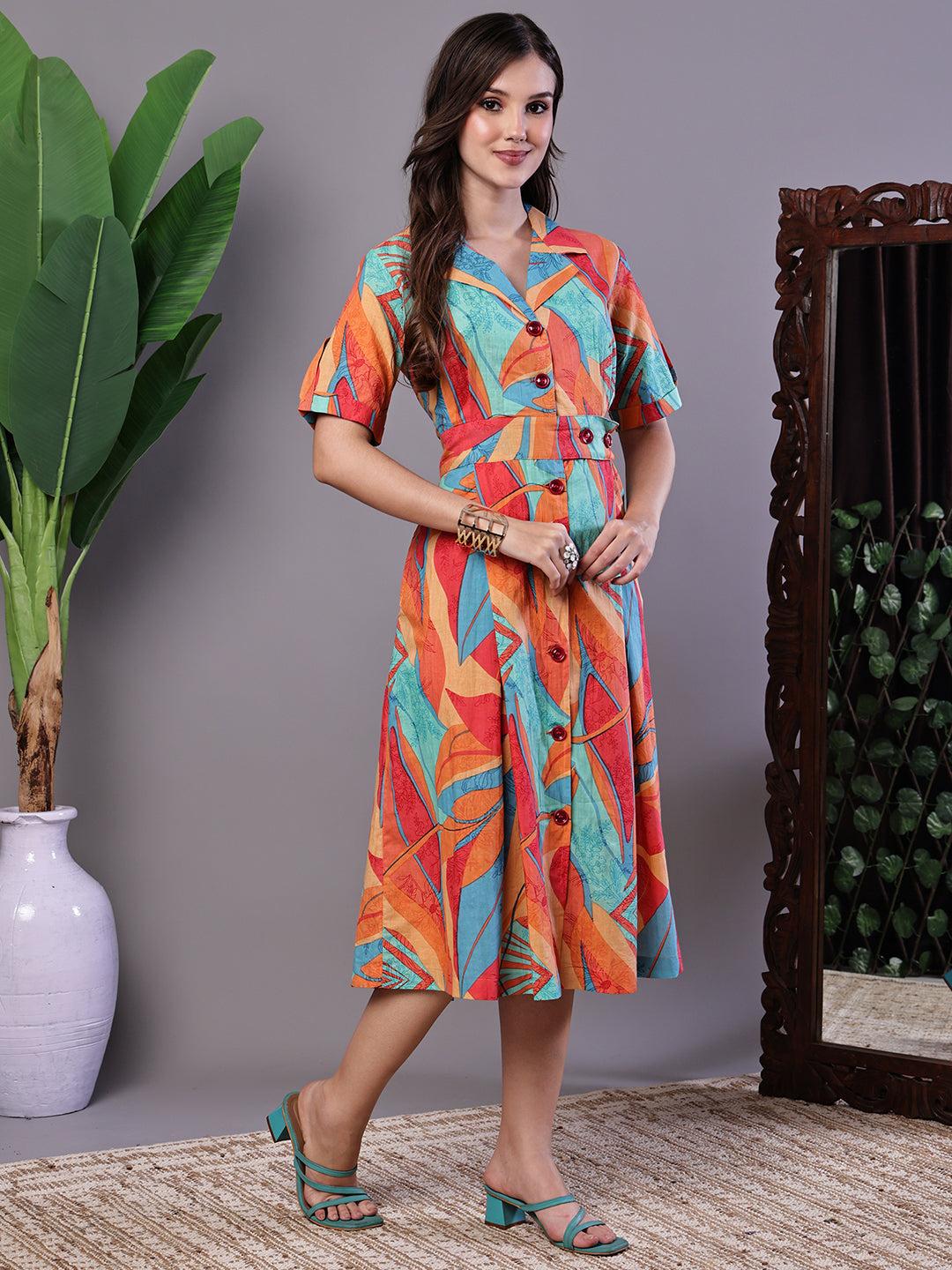 Aawari Tropical Print Button-Down Cotton Midi Dress - Midi Dresses / Western Wear / Dresses
