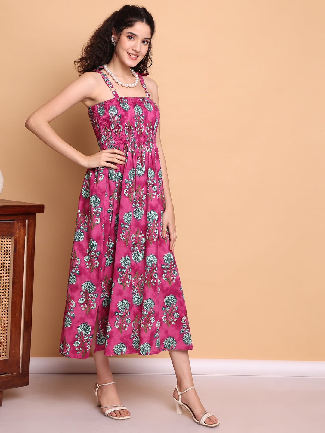 Aawari Vibrant Pink & Green Floral Printed Cotton Bobbin Gown with Tie-Up Straps for Women - Western wear