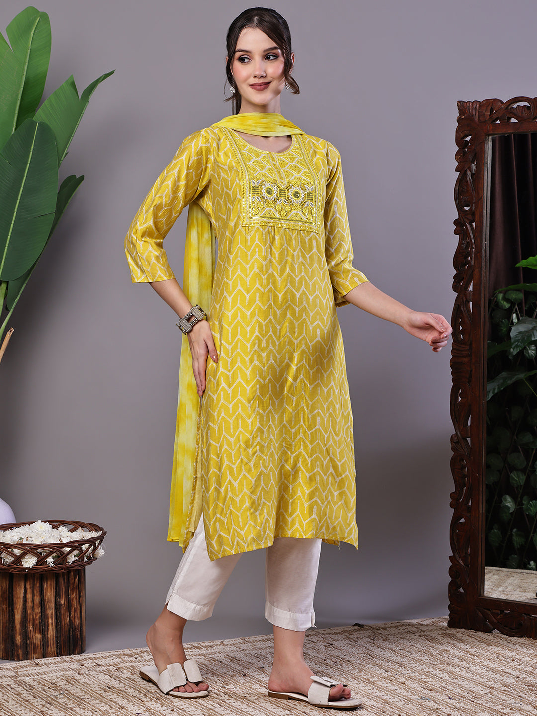 Aawari Mustard Yellow Chevron Print Chanderi Kurta Set with Mirror Work - Suit Sets