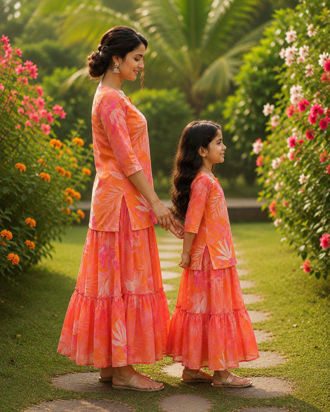 Mom & Daughter Peach Floral Printed Kurta & Tiered Skirt Matching Co-ord Set