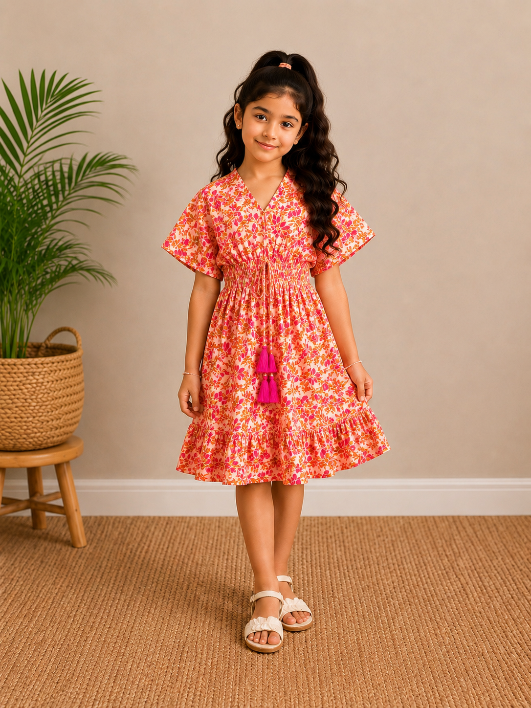 Baby Girls Cotton Pink Floral Printed Smocked Waist A-Line Dress