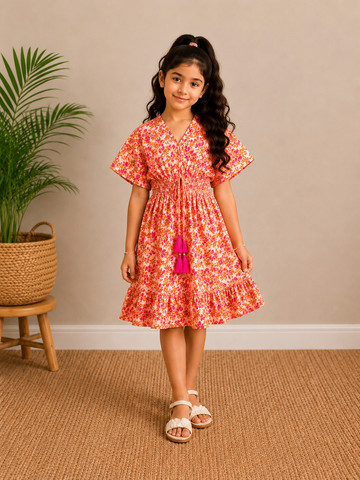 Baby Girls Cotton Pink Floral Printed Smocked Waist A-Line Dress