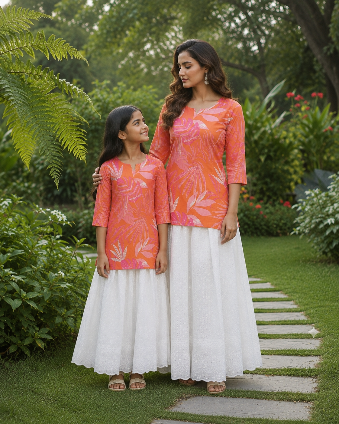 Mom & Daughter Coral Orange Floral Printed Kurta & White Skirt Matching Co-ord Set