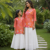 Mom & Daughter Coral Orange Floral Printed Kurta & White Skirt Matching Co-ord Set