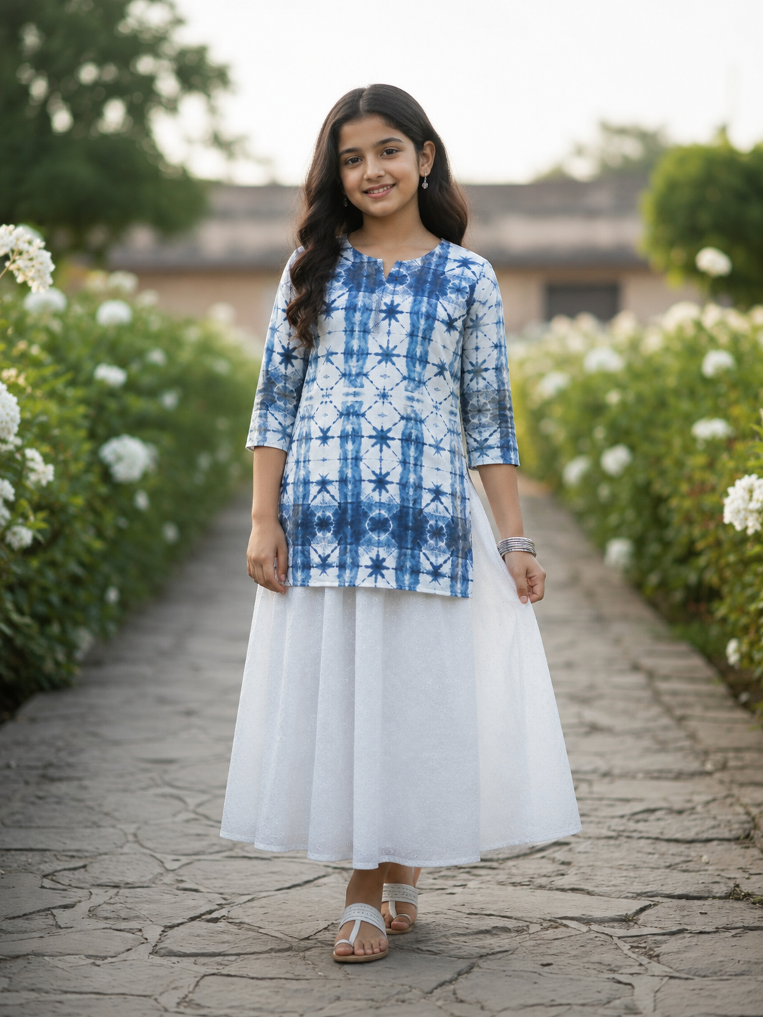 Girl's Blue Tie-Dye Printed Kurta with White Flared Skirt Set
